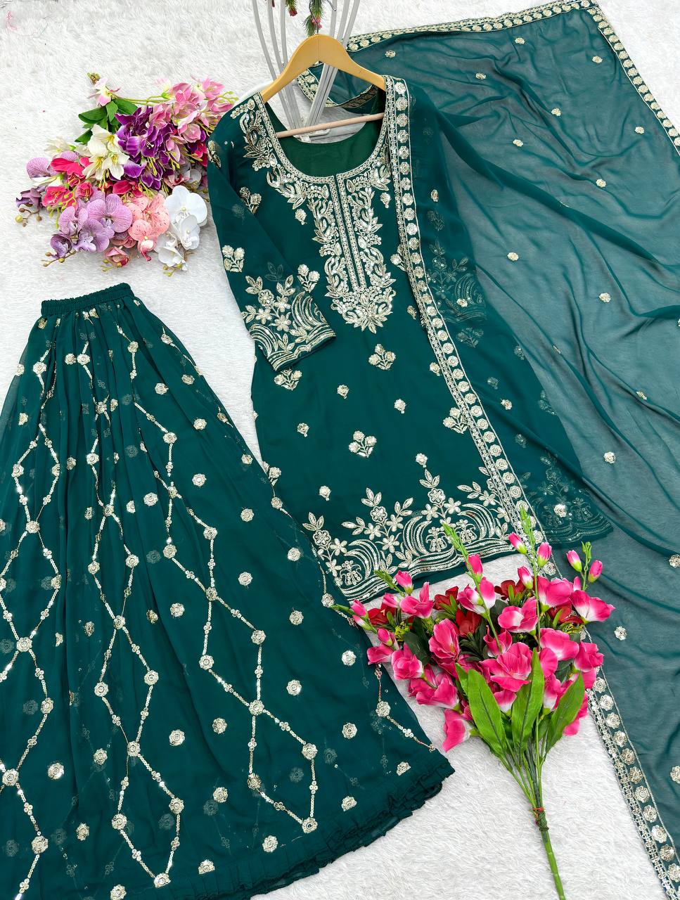 Party Wear Designer Top-Sarara And Dupatta With Embroidery Sequence Work
