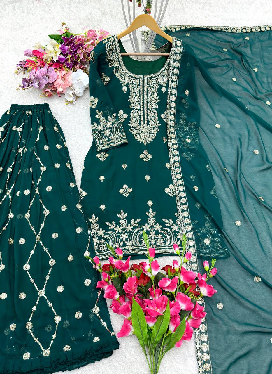 Party Wear Designer Top-Sarara And Dupatta With Embroidery Sequence Work