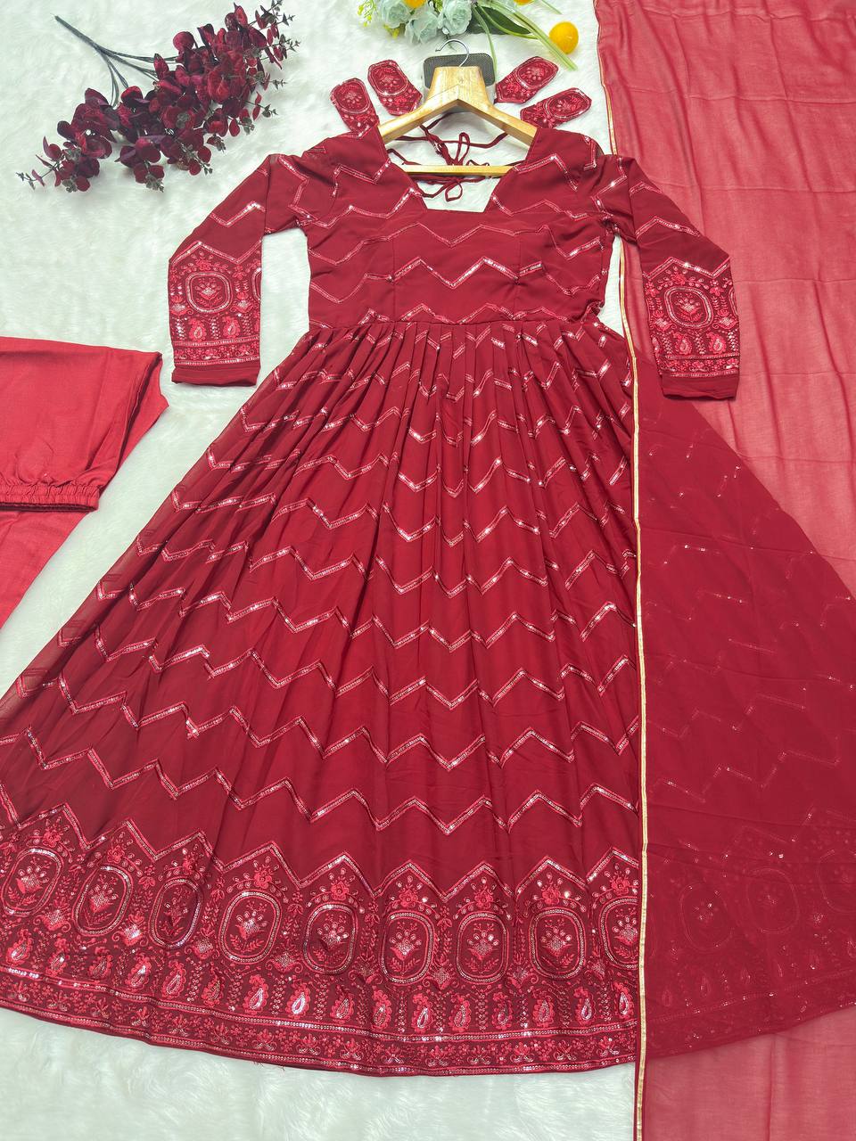 Designer Party Wear Anarkali Suit With Thread-Sequins Embroidery