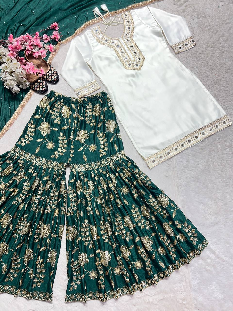 Designer Party Wear Top Sharara With Hand Paper Mirror Work
