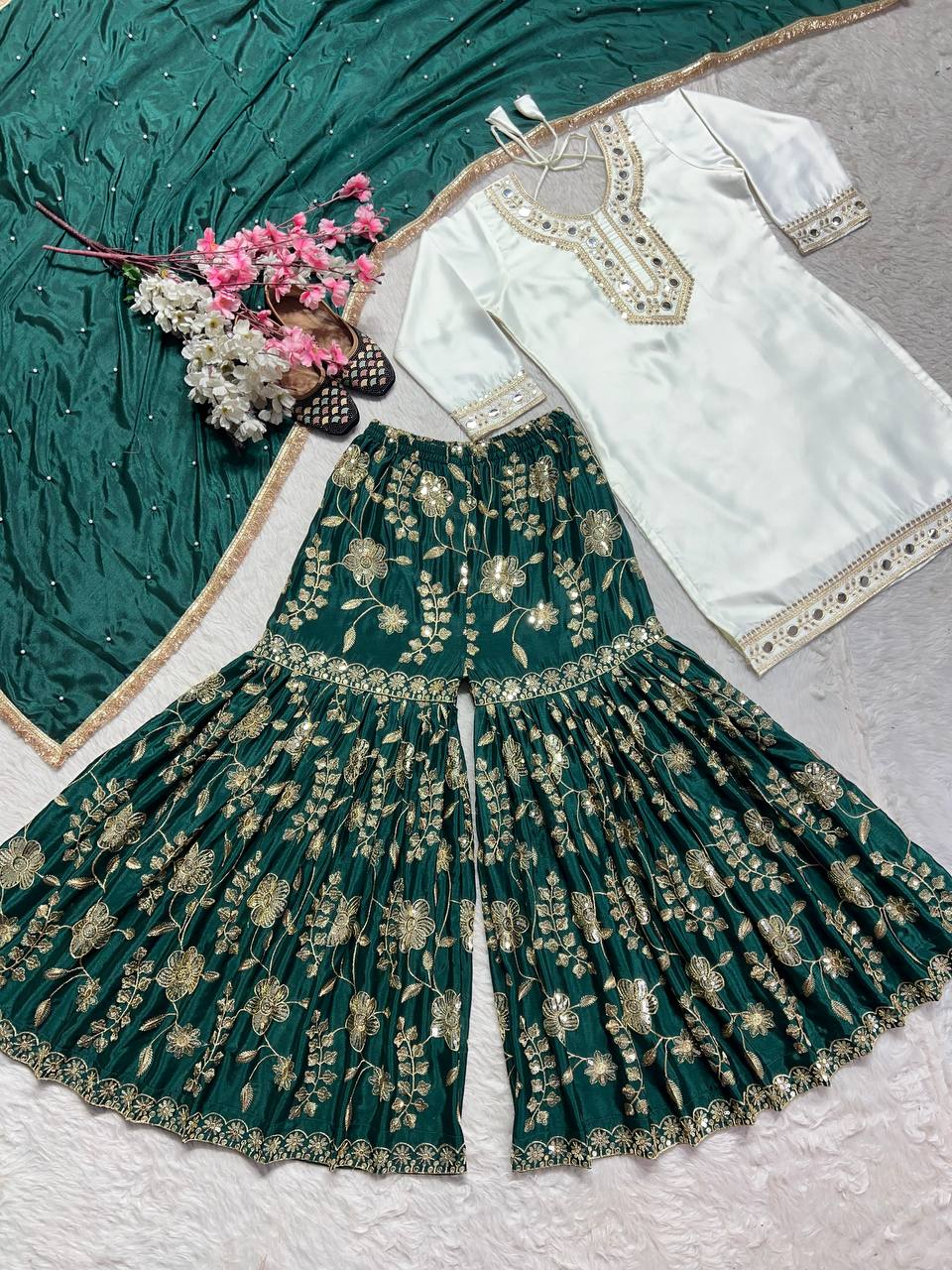 Designer Party Wear Top Sharara With Hand Paper Mirror Work
