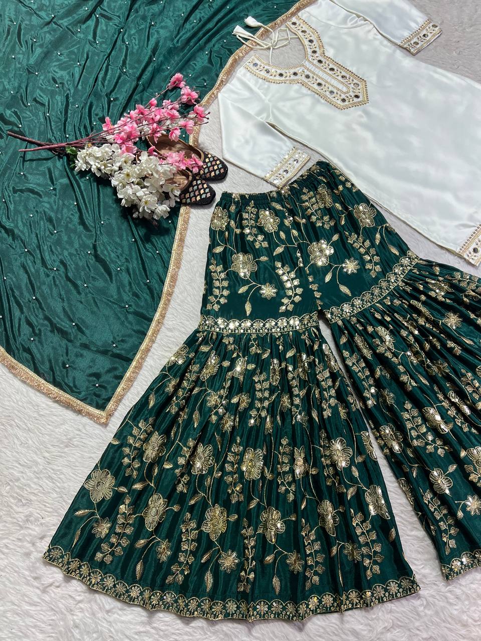 Designer Party Wear Top Sharara With Hand Paper Mirror Work