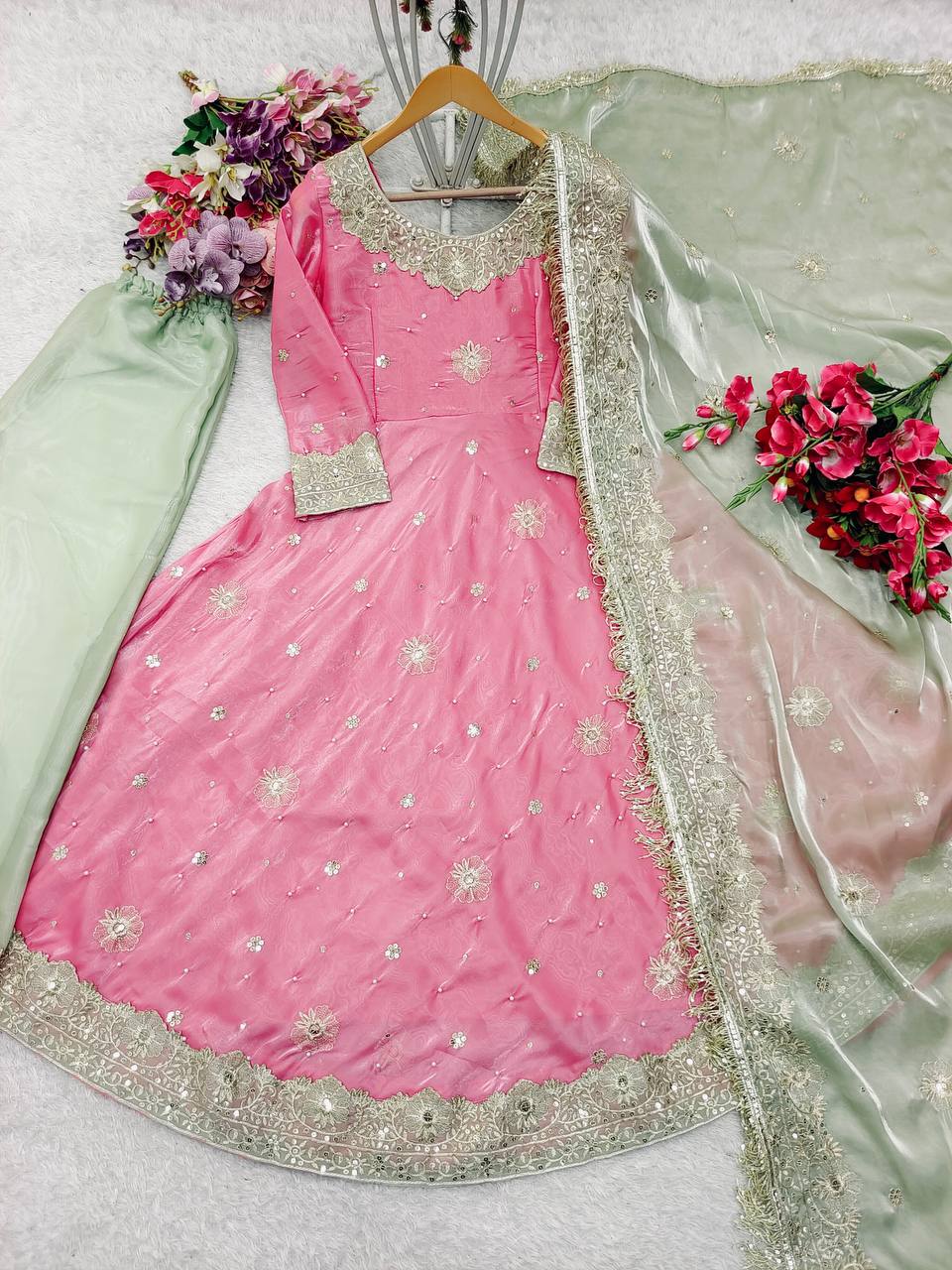 Beautiful Party Wear Gown Pent And Dupatta Embroidery Sequence Work