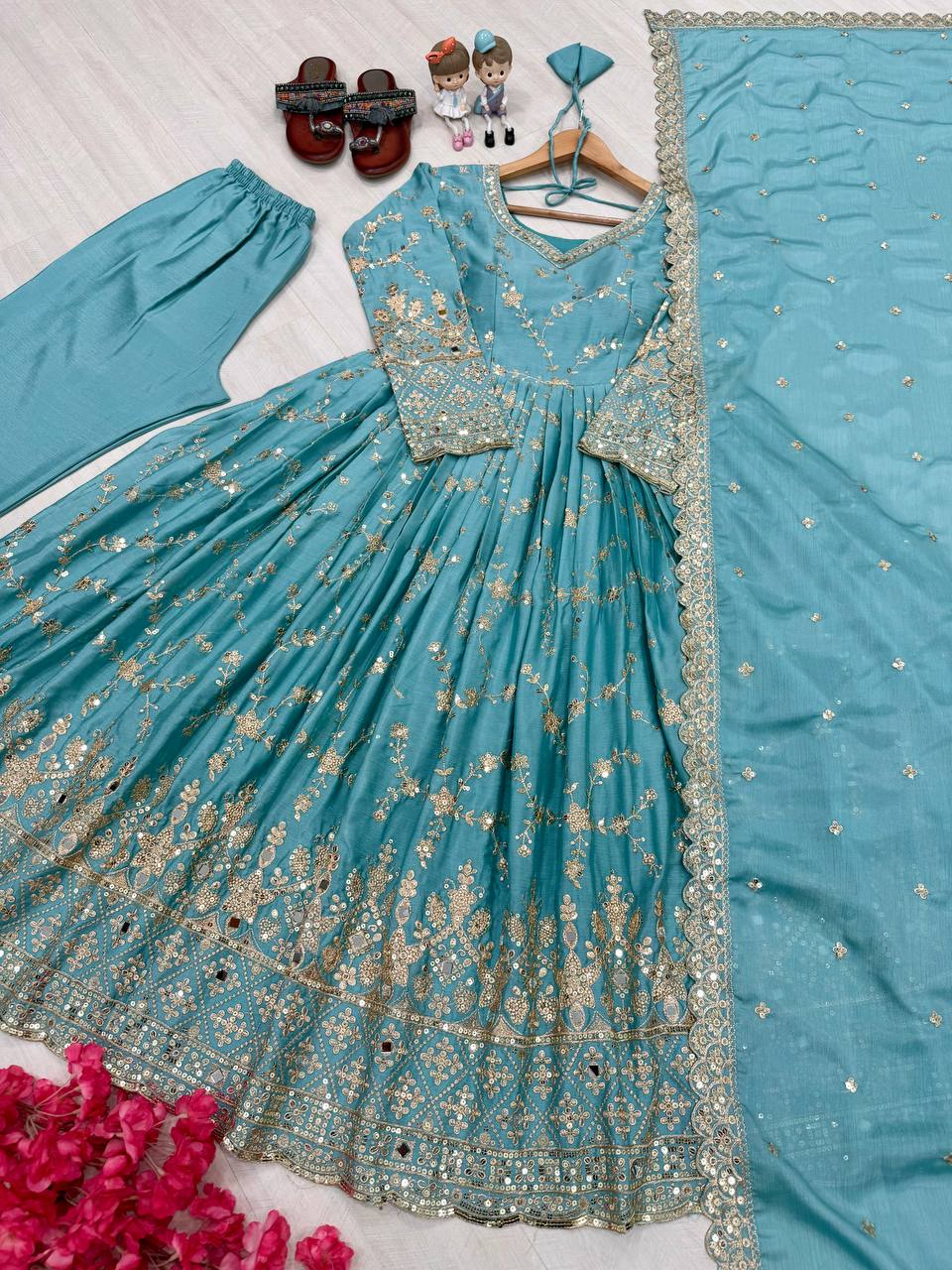 Designer Party Wear Look Fancy Anarkali Gown, Dupatta & Bottom Set