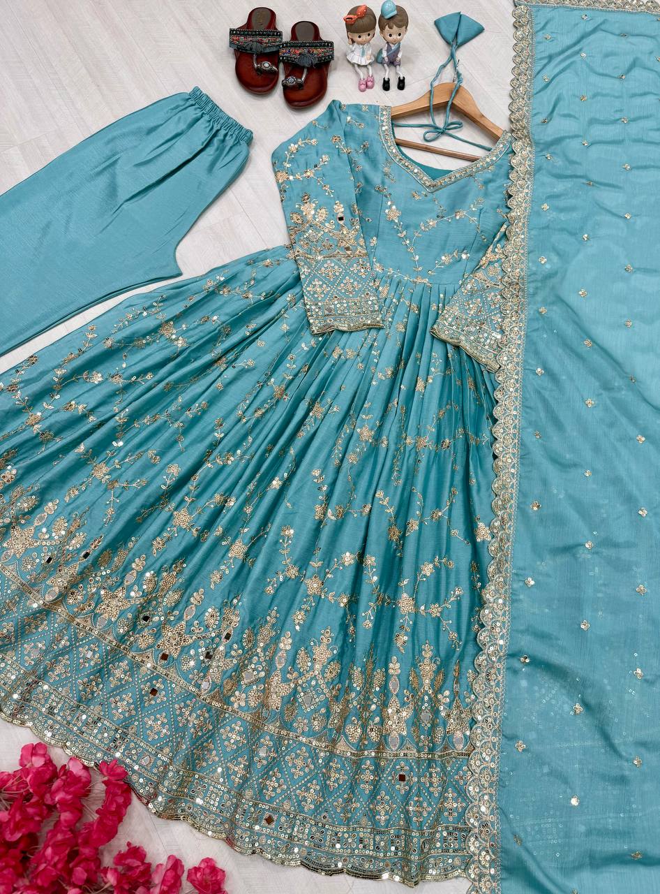 Designer Party Wear Look Fancy Anarkali Gown, Dupatta & Bottom Set
