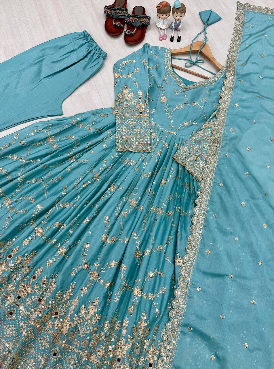 Designer Party Wear Look Fancy Anarkali Gown, Dupatta & Bottom Set