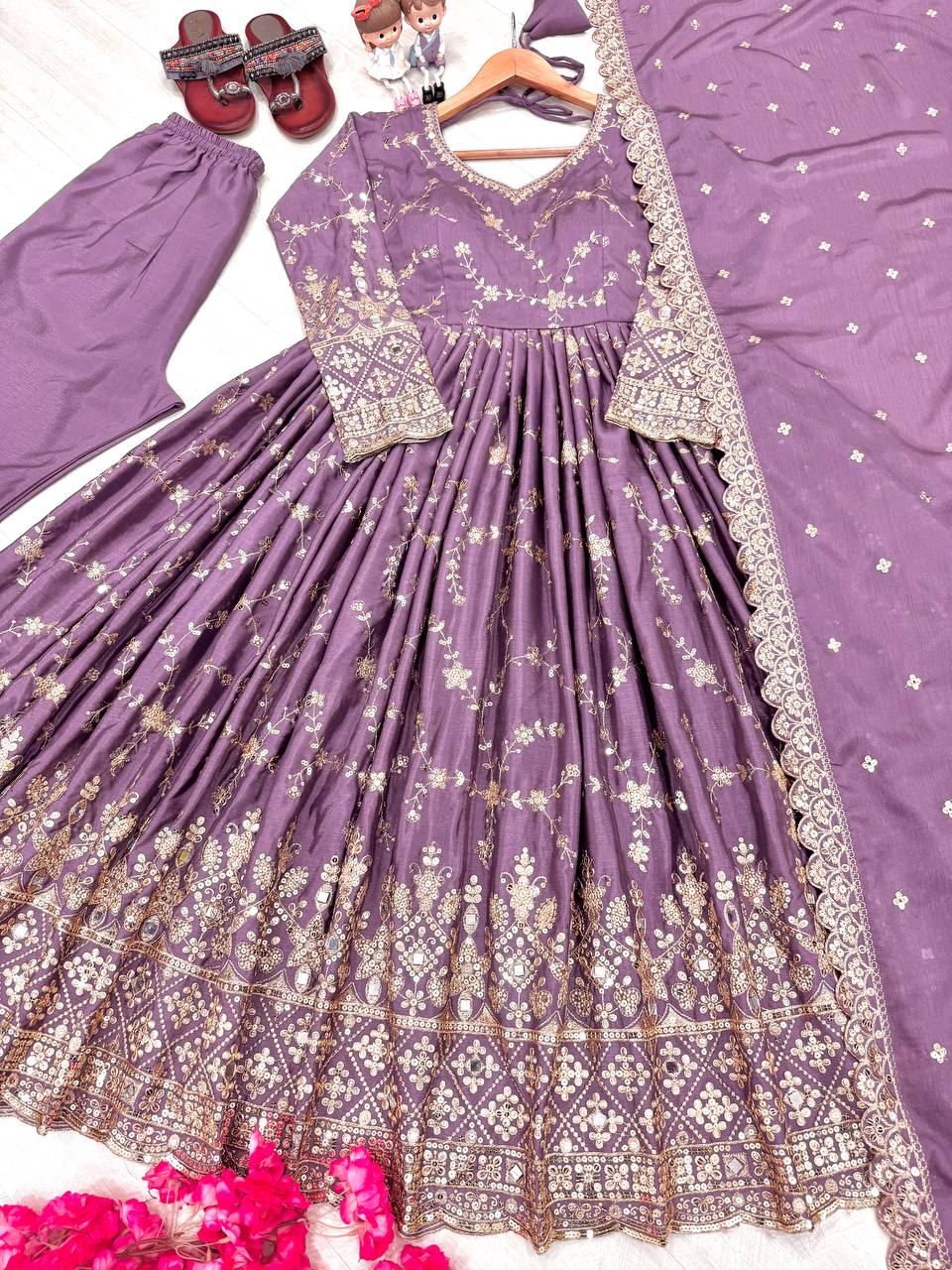 Designer Party Wear Look Fancy Anarkali Gown, Dupatta & Bottom Set