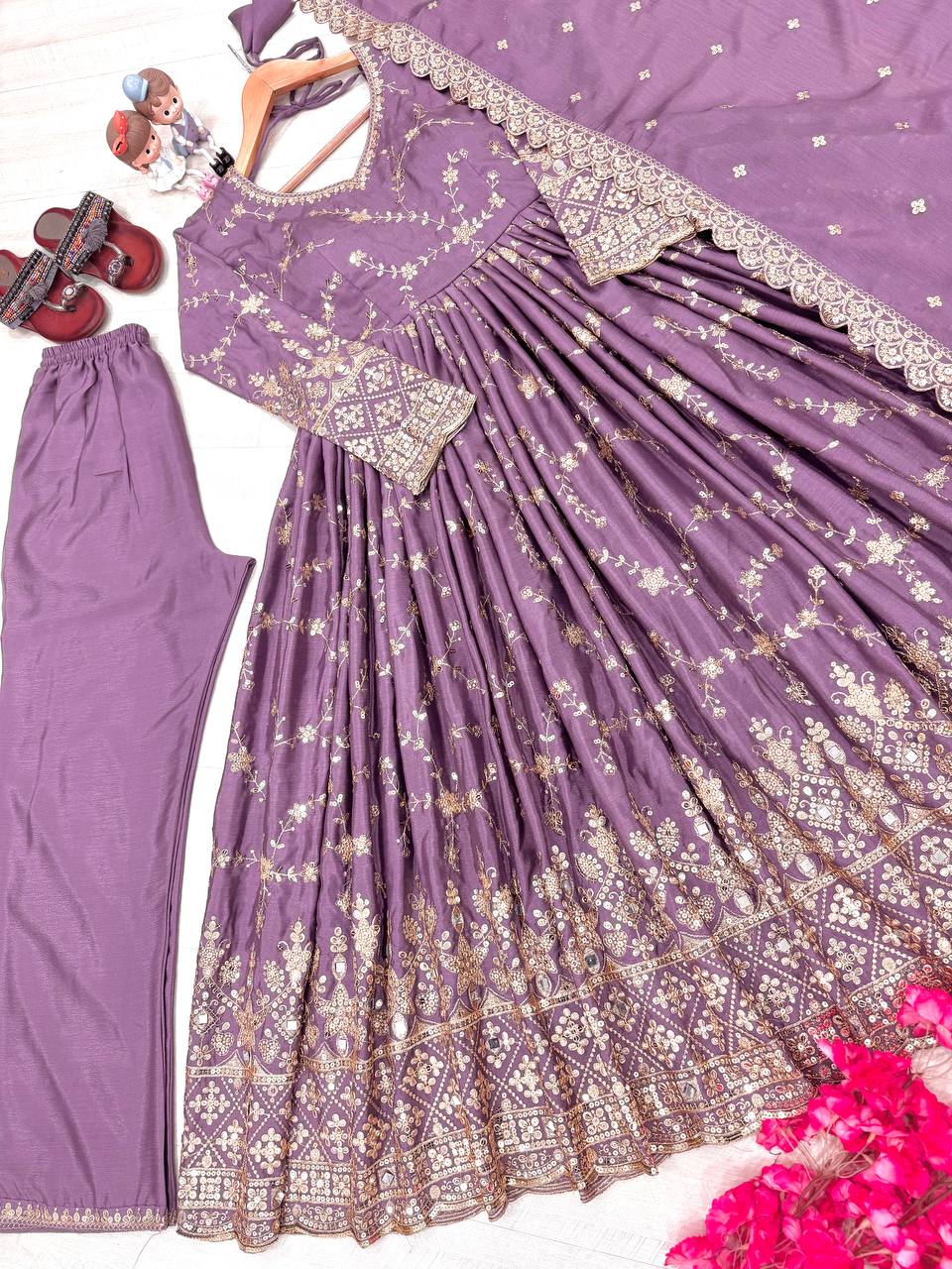 Designer Party Wear Look Fancy Anarkali Gown, Dupatta & Bottom Set