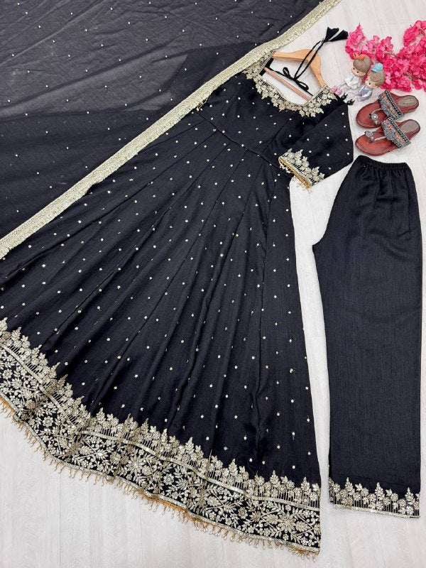 Party Wear Look Pure Vichitra Silk Anarkali Gown, Dupatta & Pent Plazzo Set