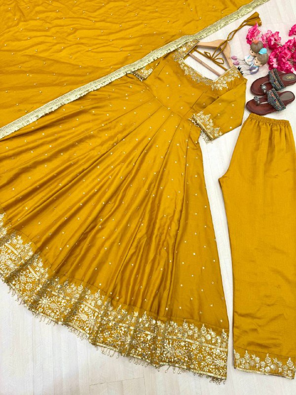 Party Wear Look Pure Vichitra Silk Anarkali Gown, Dupatta & Pent Plazzo Set