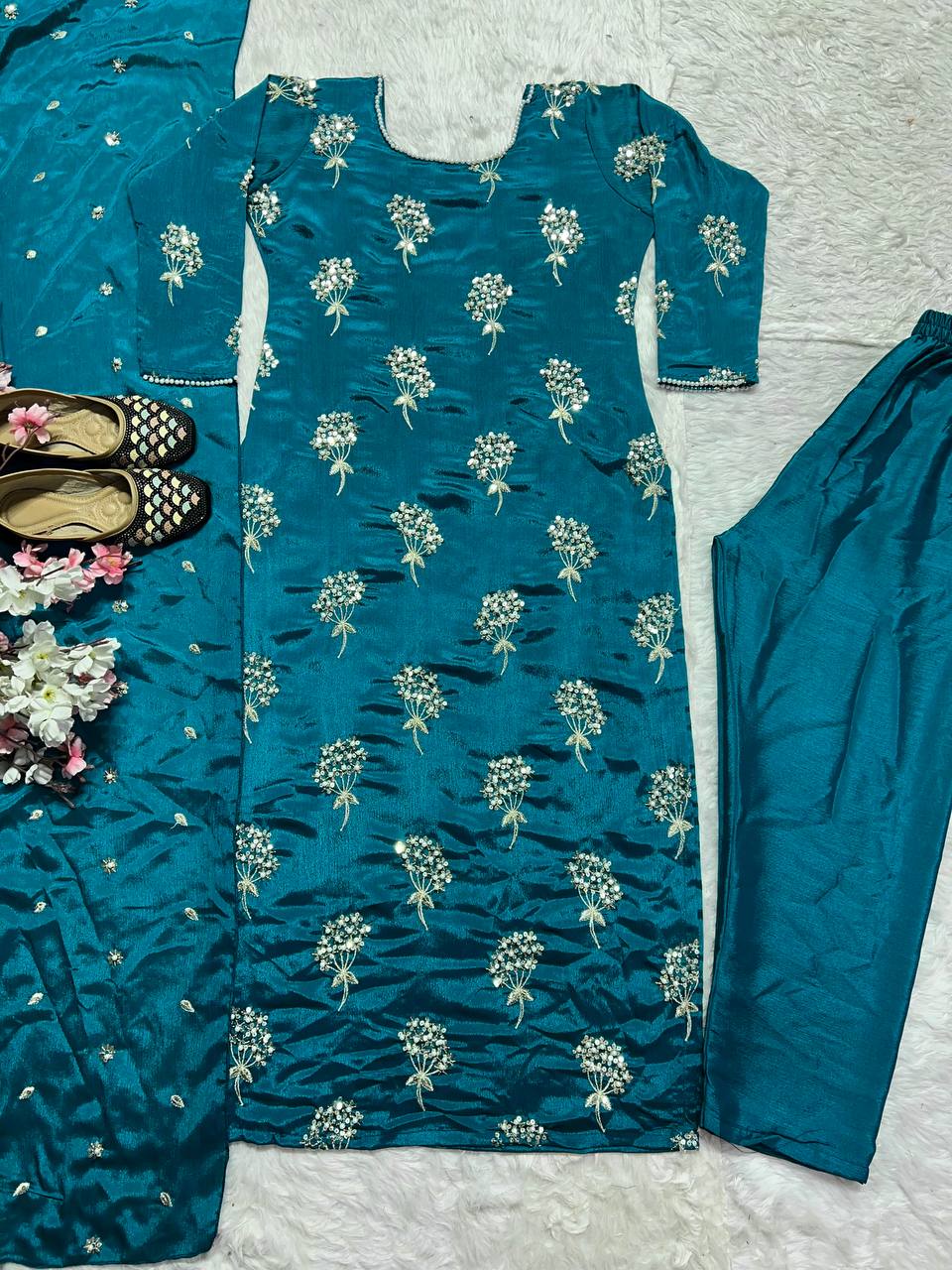 Designer Long Top , Pant And Dupatta In Fancy Style