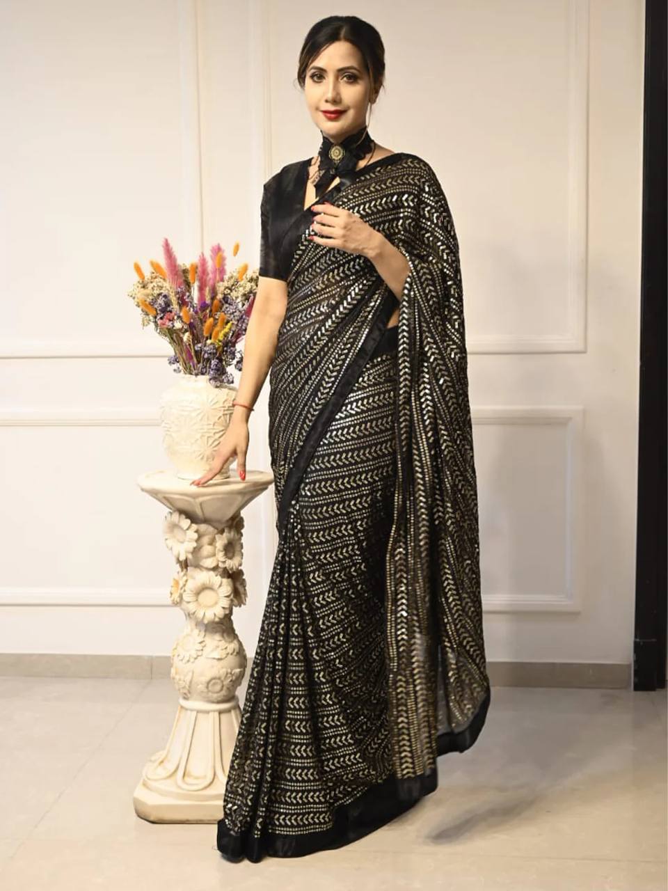 Party Wear Look Designer Saree With Sequins Work All Over