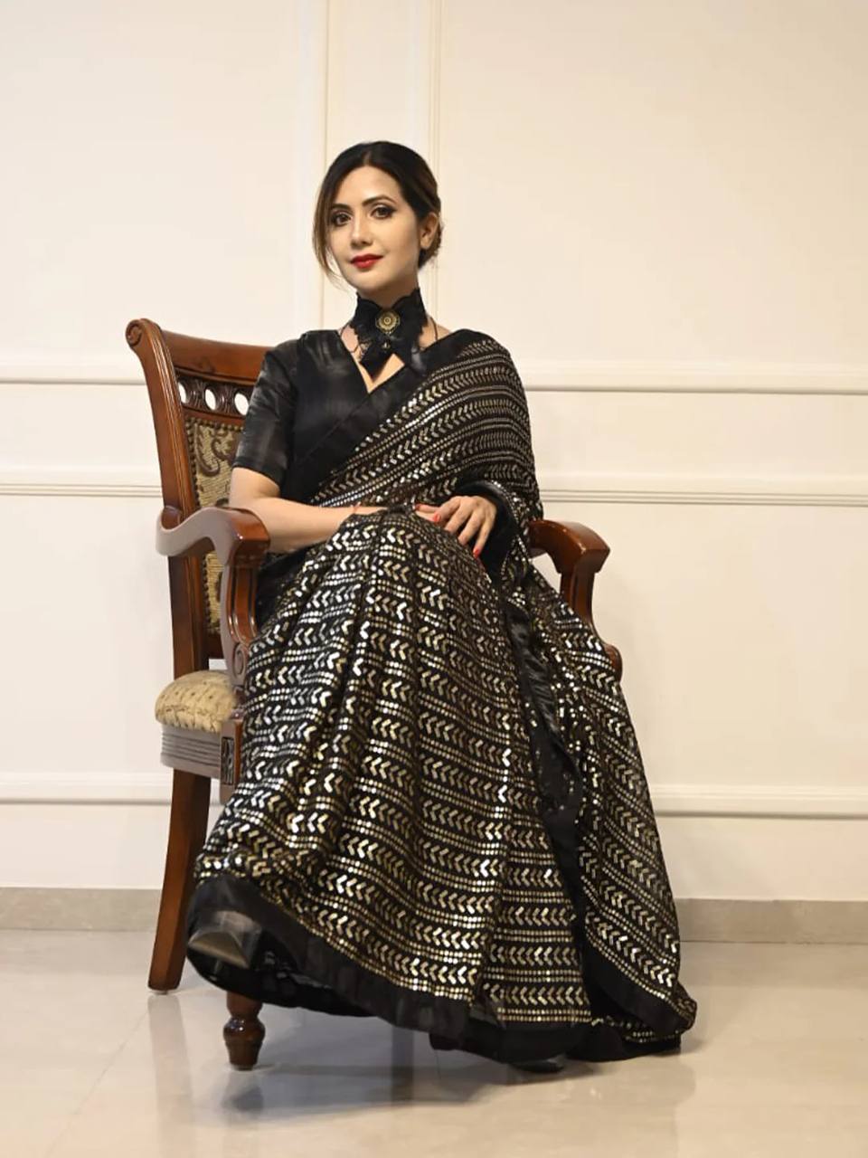 Party Wear Look Designer Saree With Sequins Work All Over