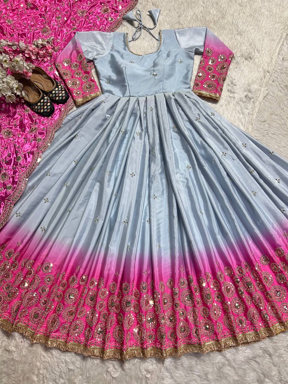 Party Wear Designer Gown And Dupatta With Embroidery Work