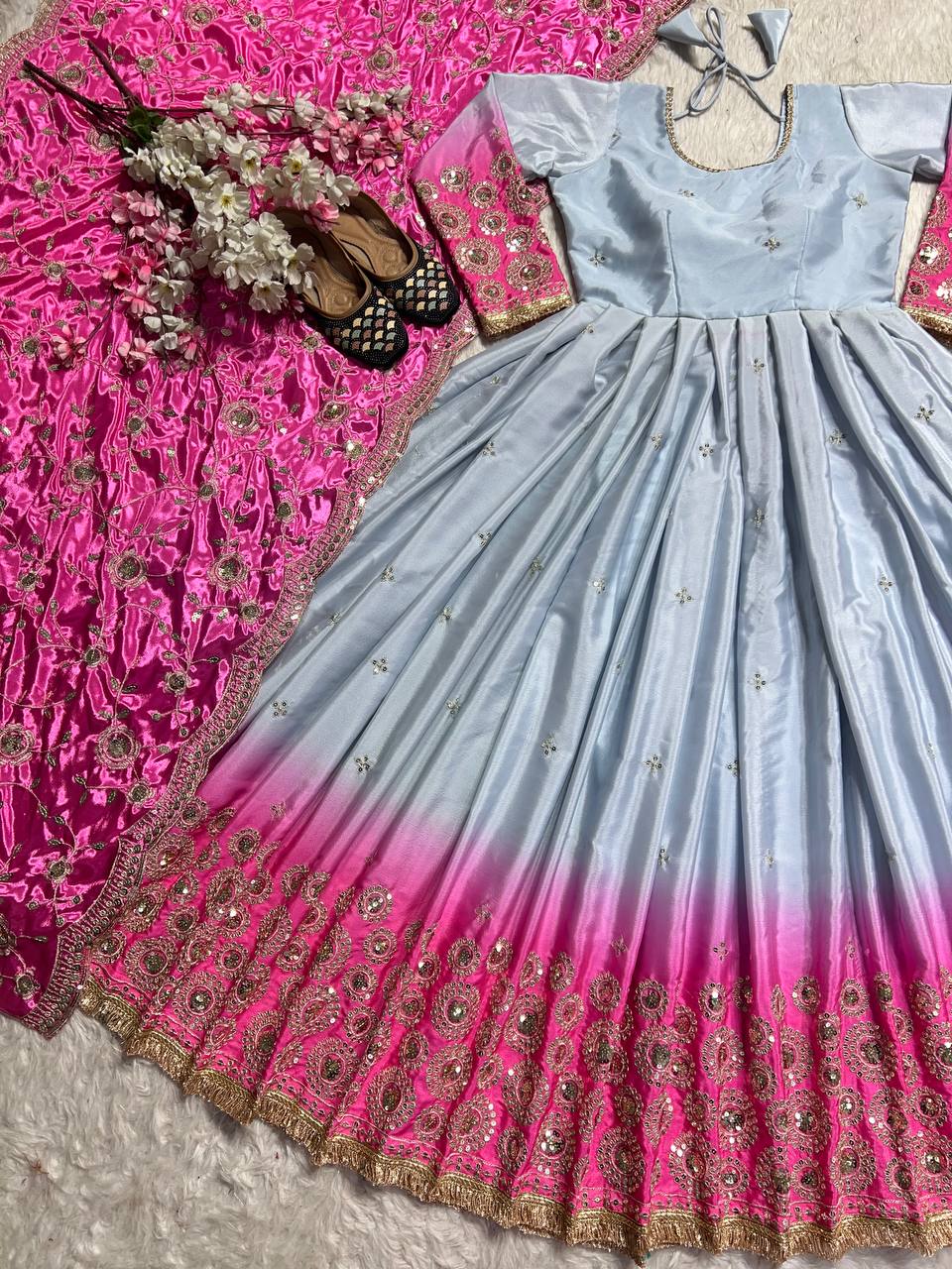 Party Wear Designer Gown And Dupatta With Embroidery Work