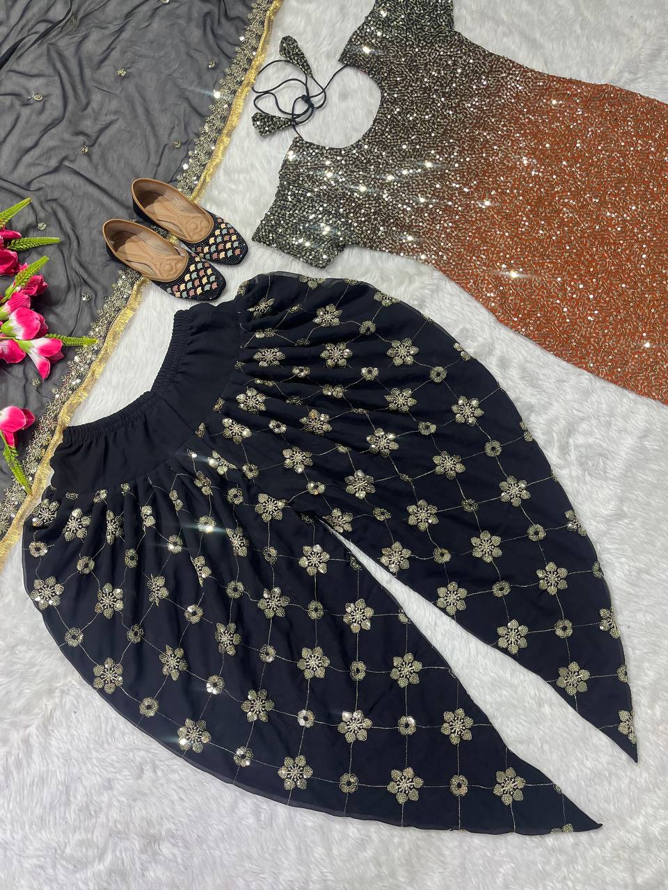 Designer Party Wear Look Top ,Dhoti Salwar And Dupatta