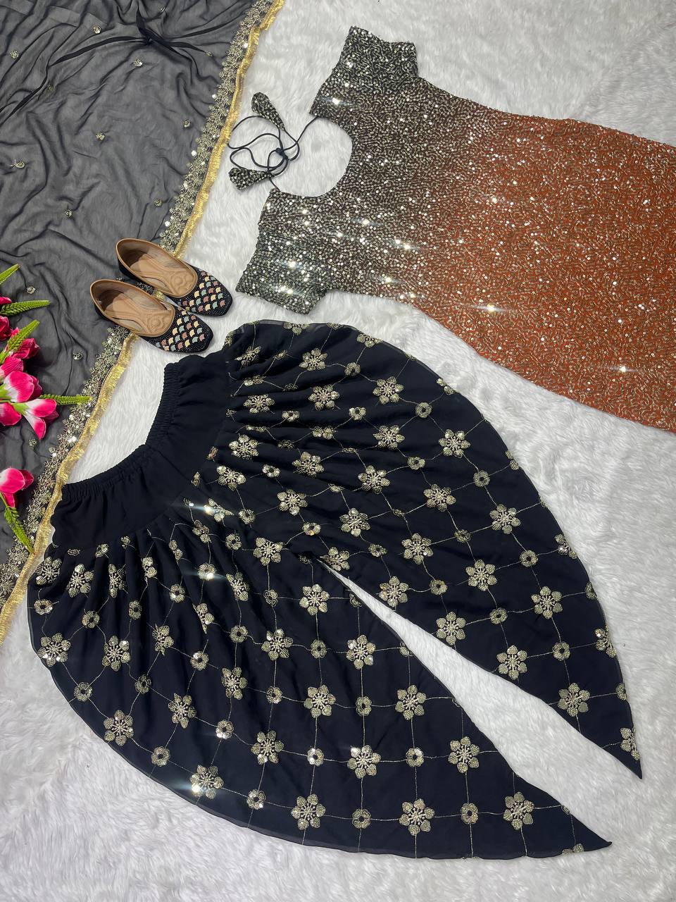 Designer Party Wear Look Top ,Dhoti Salwar And Dupatta