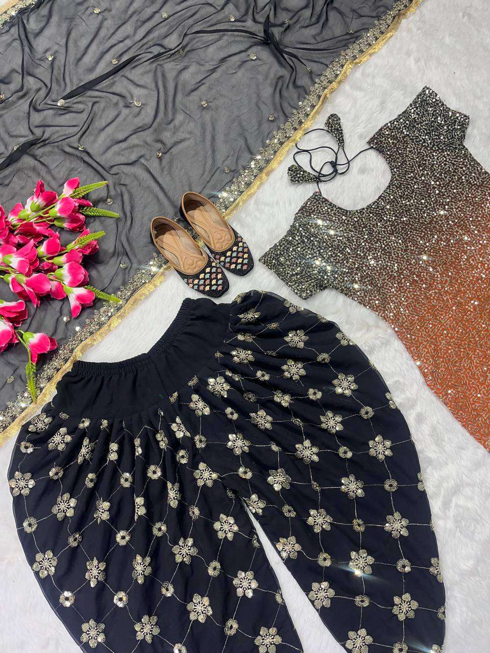 Designer Party Wear Look Top ,Dhoti Salwar And Dupatta