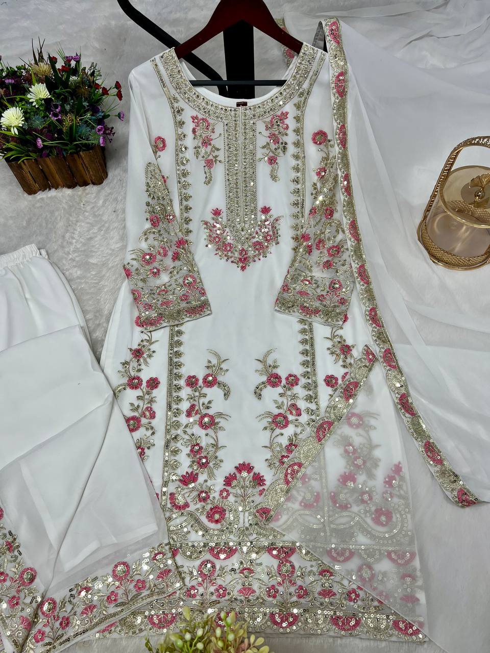 Designer Party Wear Top Bottom And Dupatta With Thread Work
