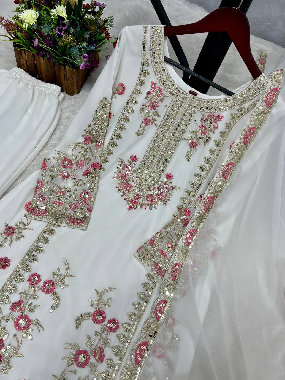 Designer Party Wear Top Bottom And Dupatta With Thread Work