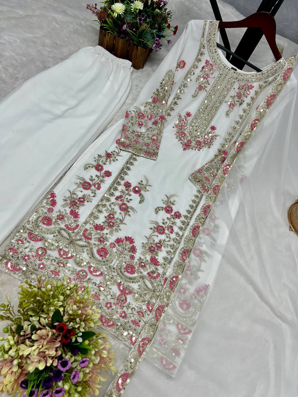 Designer Party Wear Top Bottom And Dupatta With Thread Work