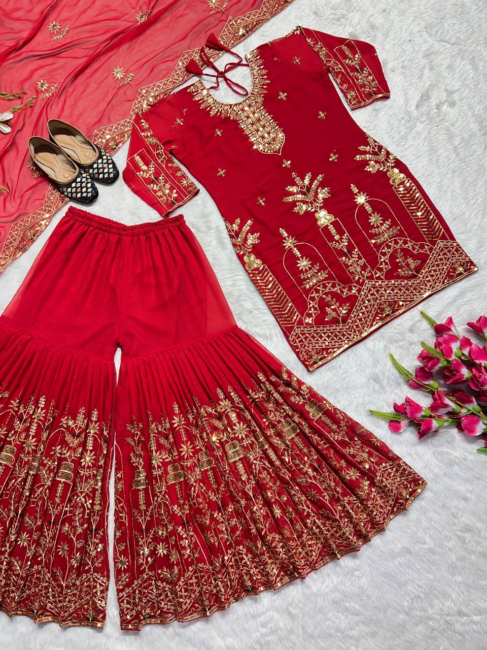 Designer Party Wear Look Top , Sharara Plazzo And Dupatta