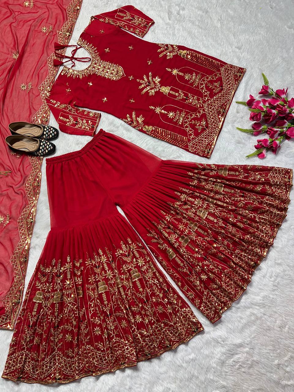 Designer Party Wear Look Top , Sharara Plazzo And Dupatta