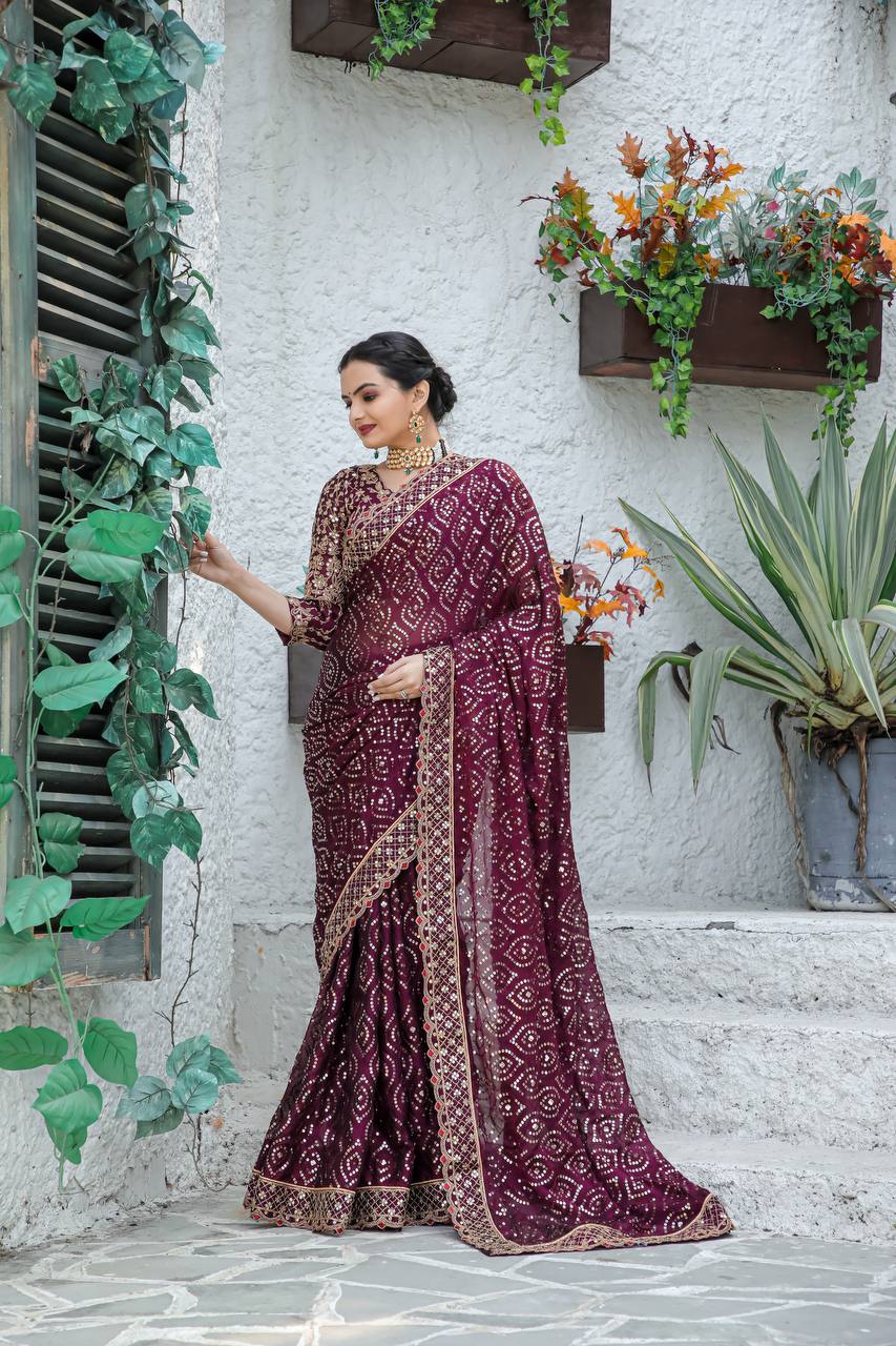 Beautiful Party Wear Saree With Sequence, Dori & Zari Work