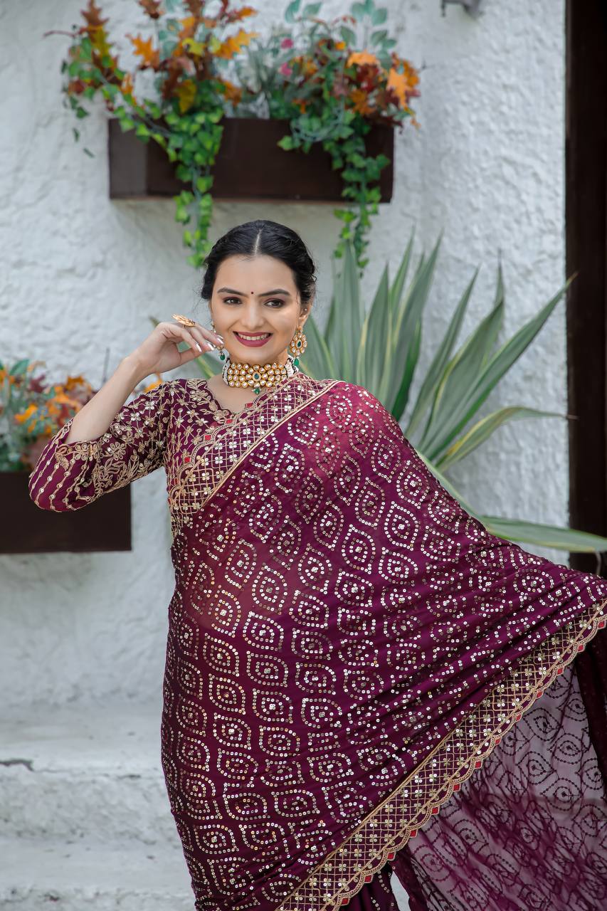 Beautiful Party Wear Saree With Sequence, Dori & Zari Work