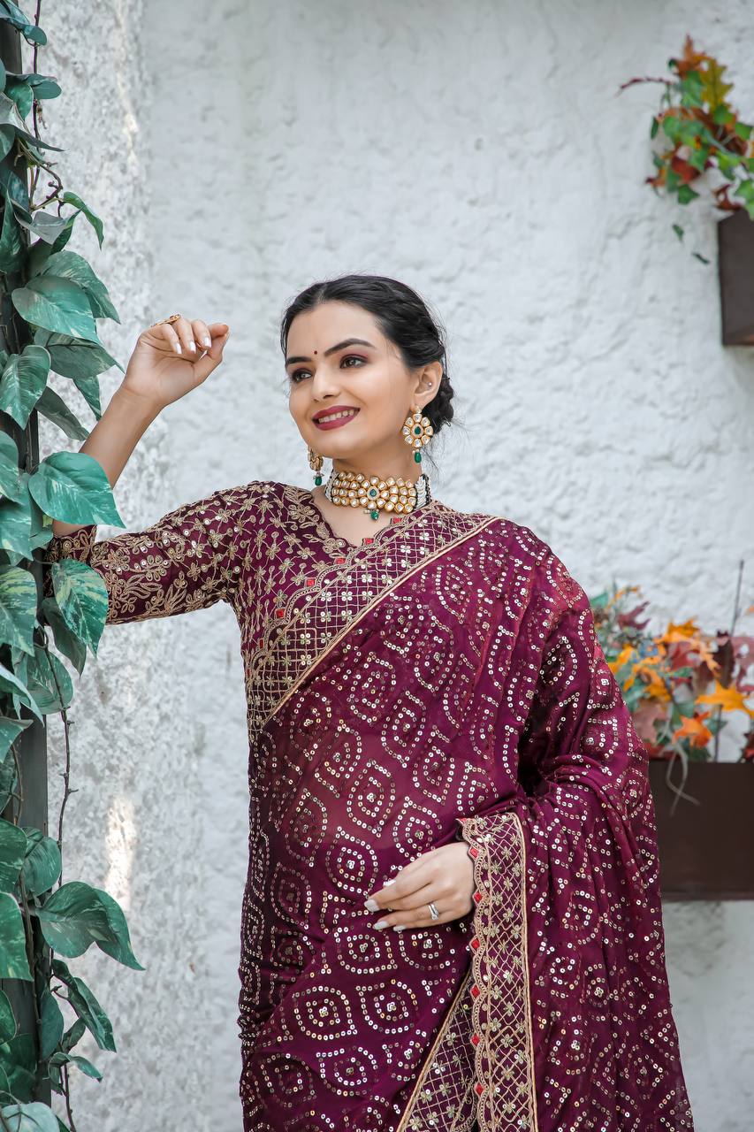 Beautiful Party Wear Saree With Sequence, Dori & Zari Work