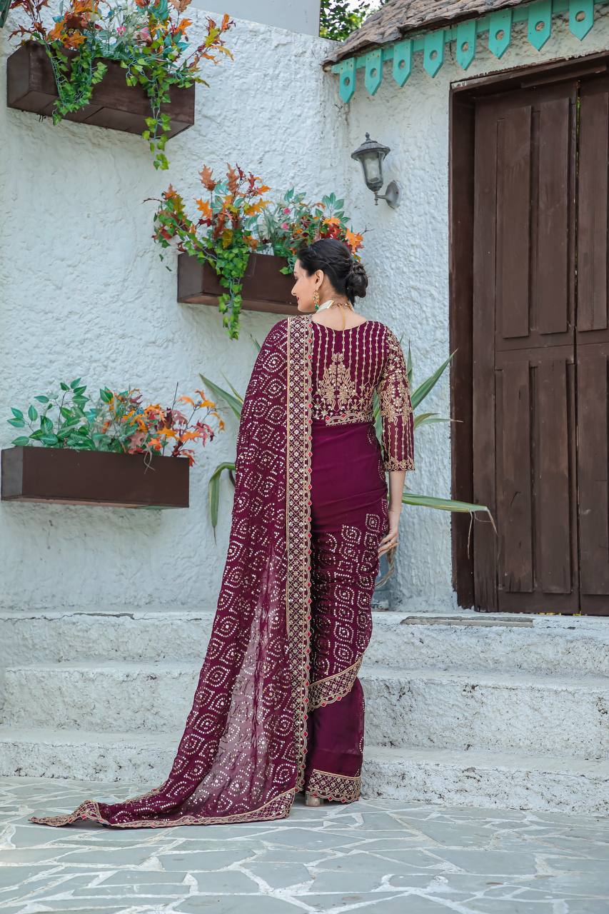 Beautiful Party Wear Saree With Sequence, Dori & Zari Work