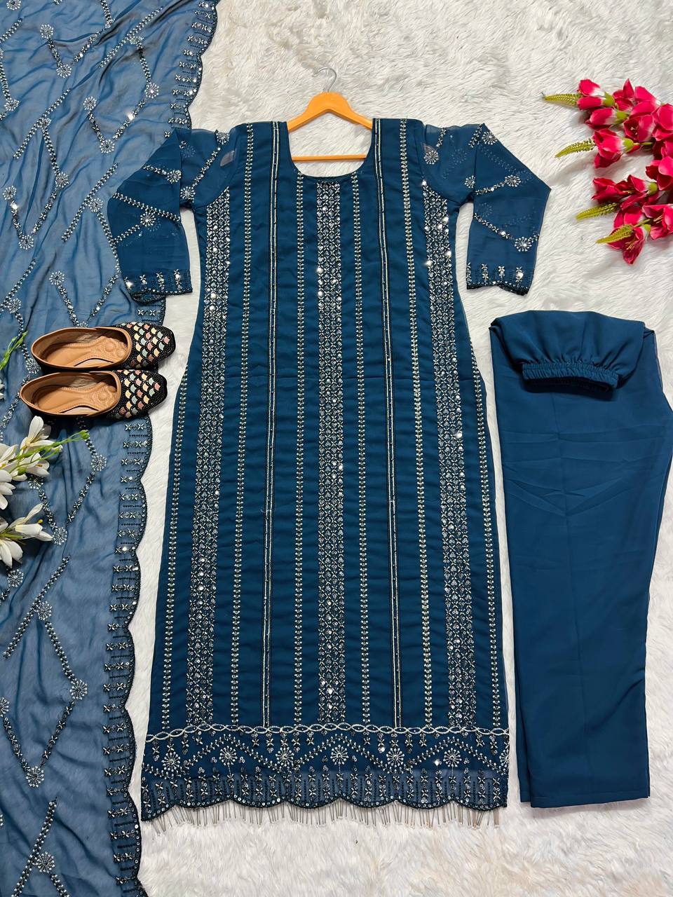 Designer Party Wear Long Top , Pant and Dupatta In Fancy Style