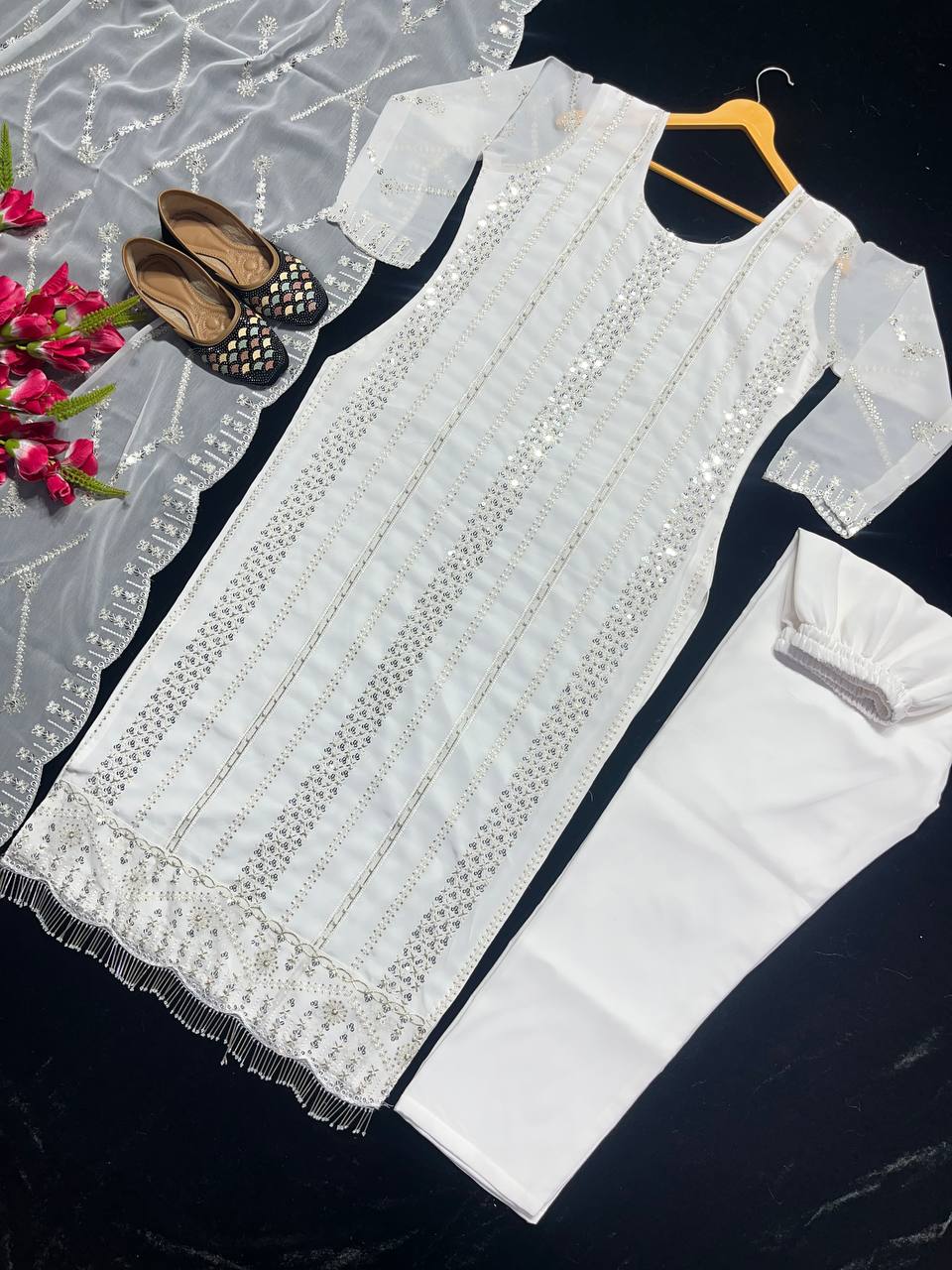 Designer Party Wear Long Top , Pant and Dupatta In Fancy Style