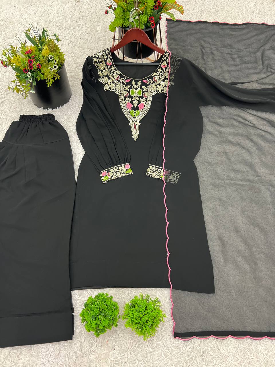 Designer Party Wear Look Top-Plazzo and Dupatta With Heavy Embroidery Work