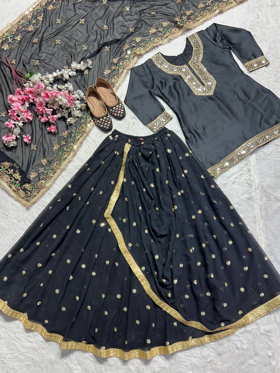Designer Party Wear Look Top ,Dhoti Skirt And Dupatta