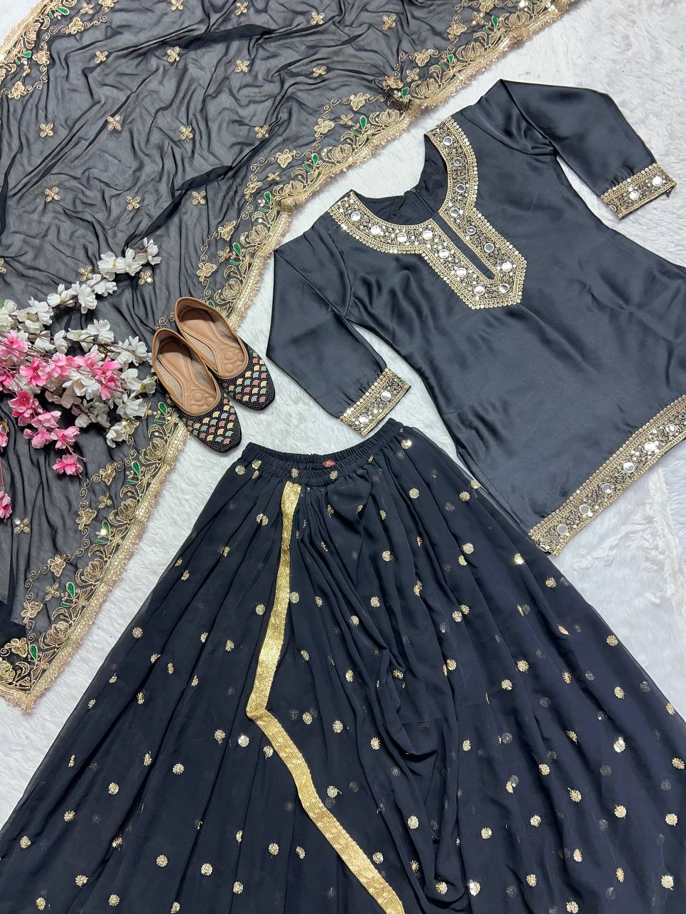 Designer Party Wear Look Top ,Dhoti Skirt And Dupatta