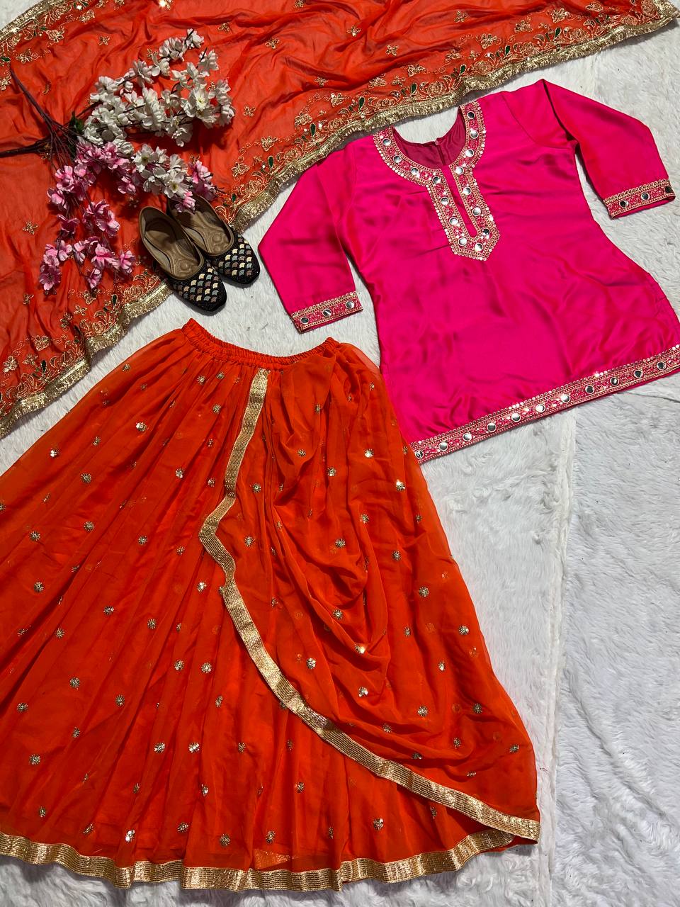 Designer Party Wear Look Top ,Dhoti Skirt And Dupatta