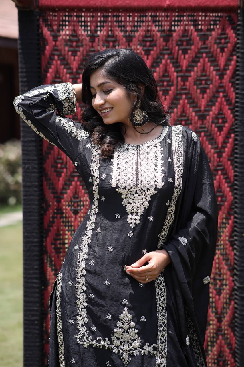 Party Wear Beautiful Suit Set With Multi Needle Embroidery Work