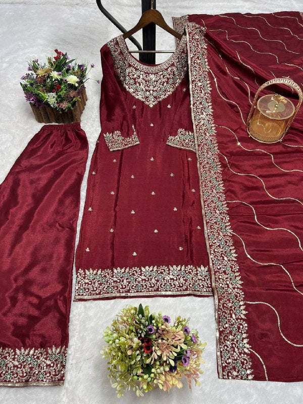 Party Wear Beautiful Kurti Pent And Dupatta With Embroidery Work