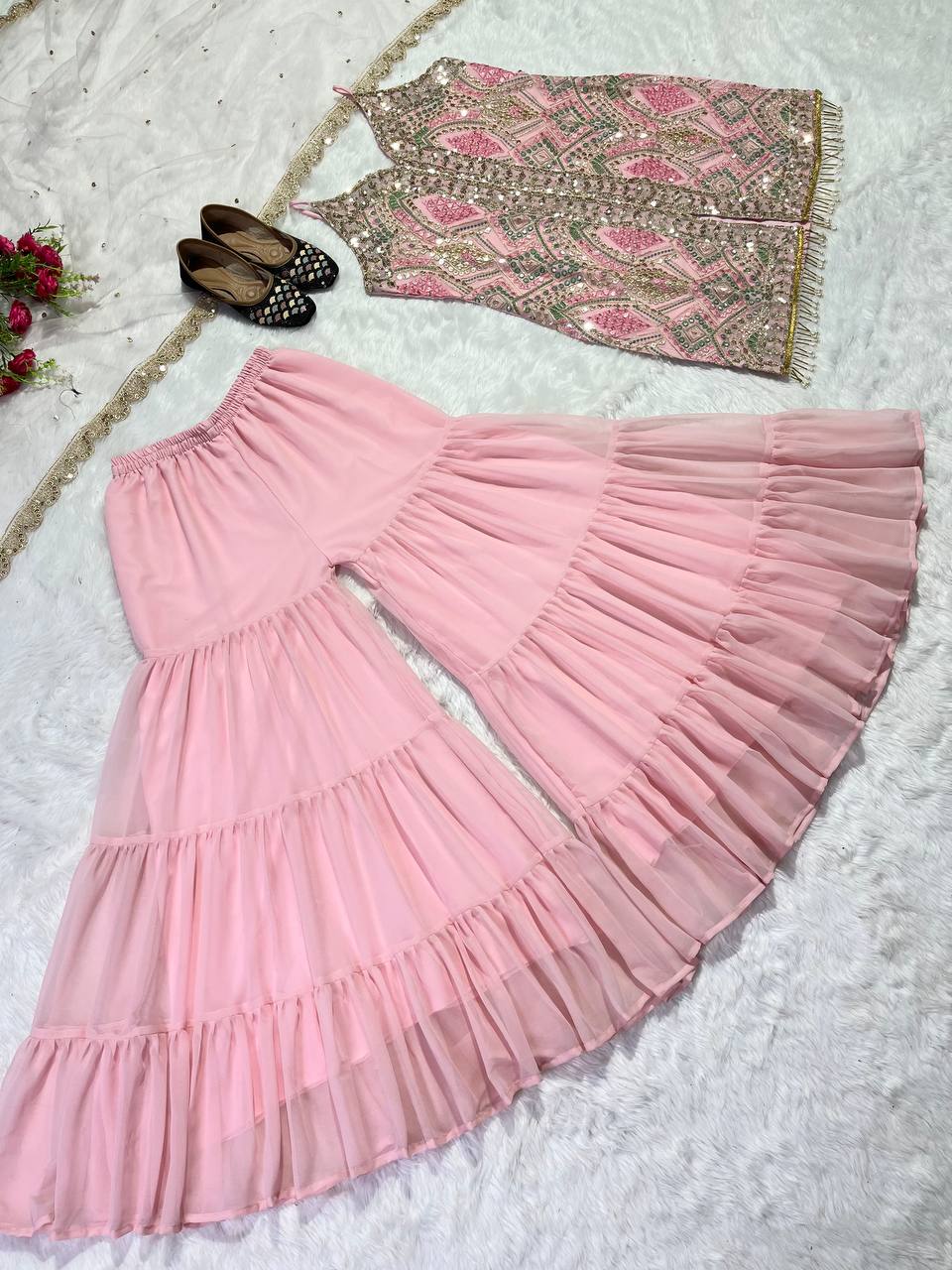 Designer Party Wear Look Top , Sharara Plazzo And Dupatta