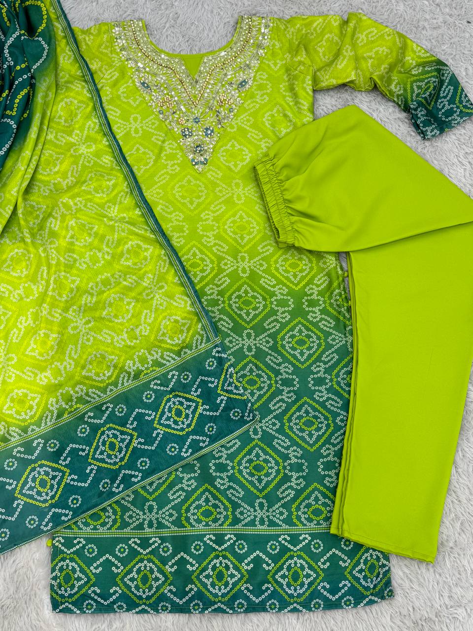 Fancy Suit Set With Beautiful Digital Print And Pearl Stone Work