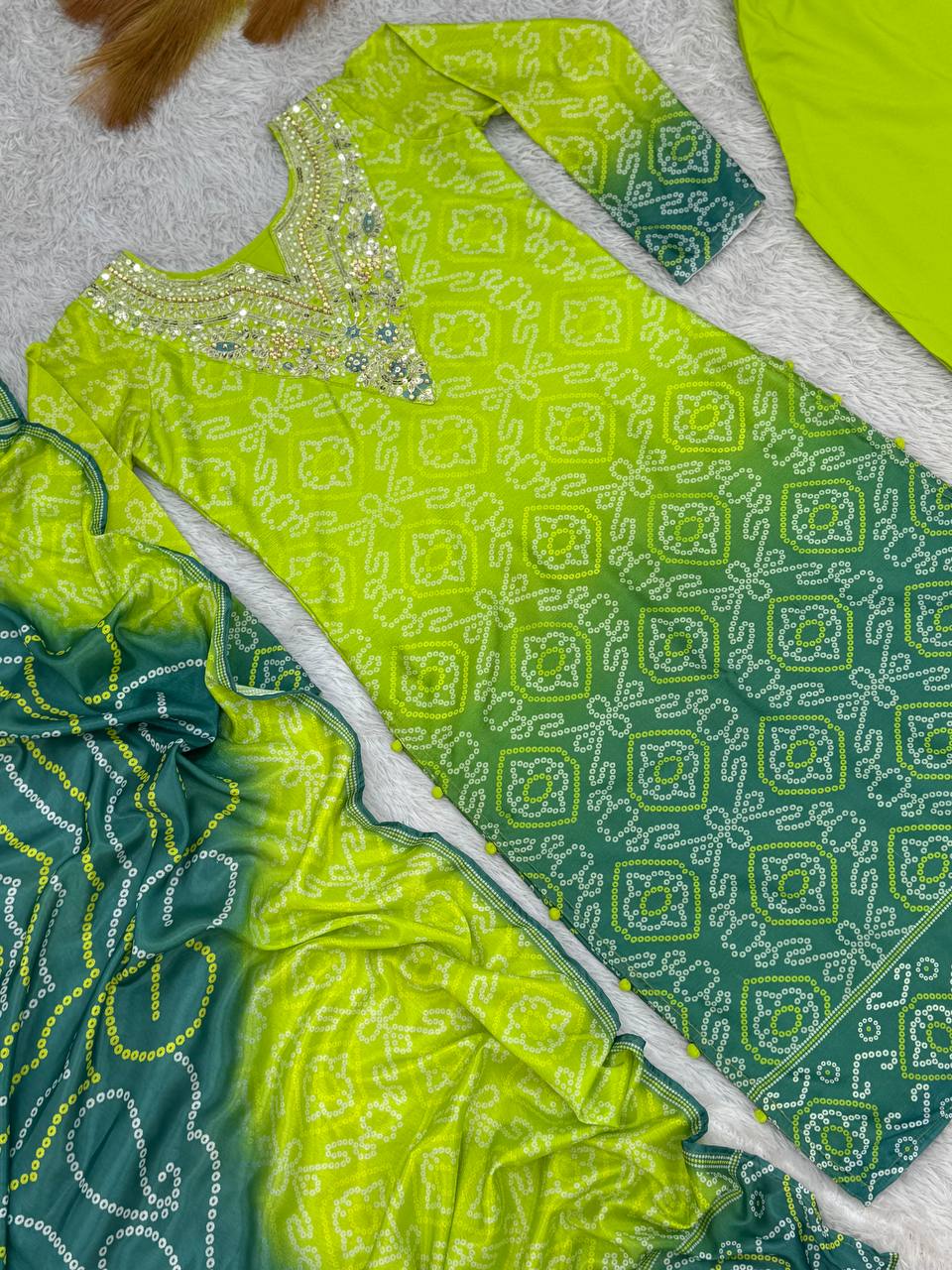 Fancy Suit Set With Beautiful Digital Print And Pearl Stone Work