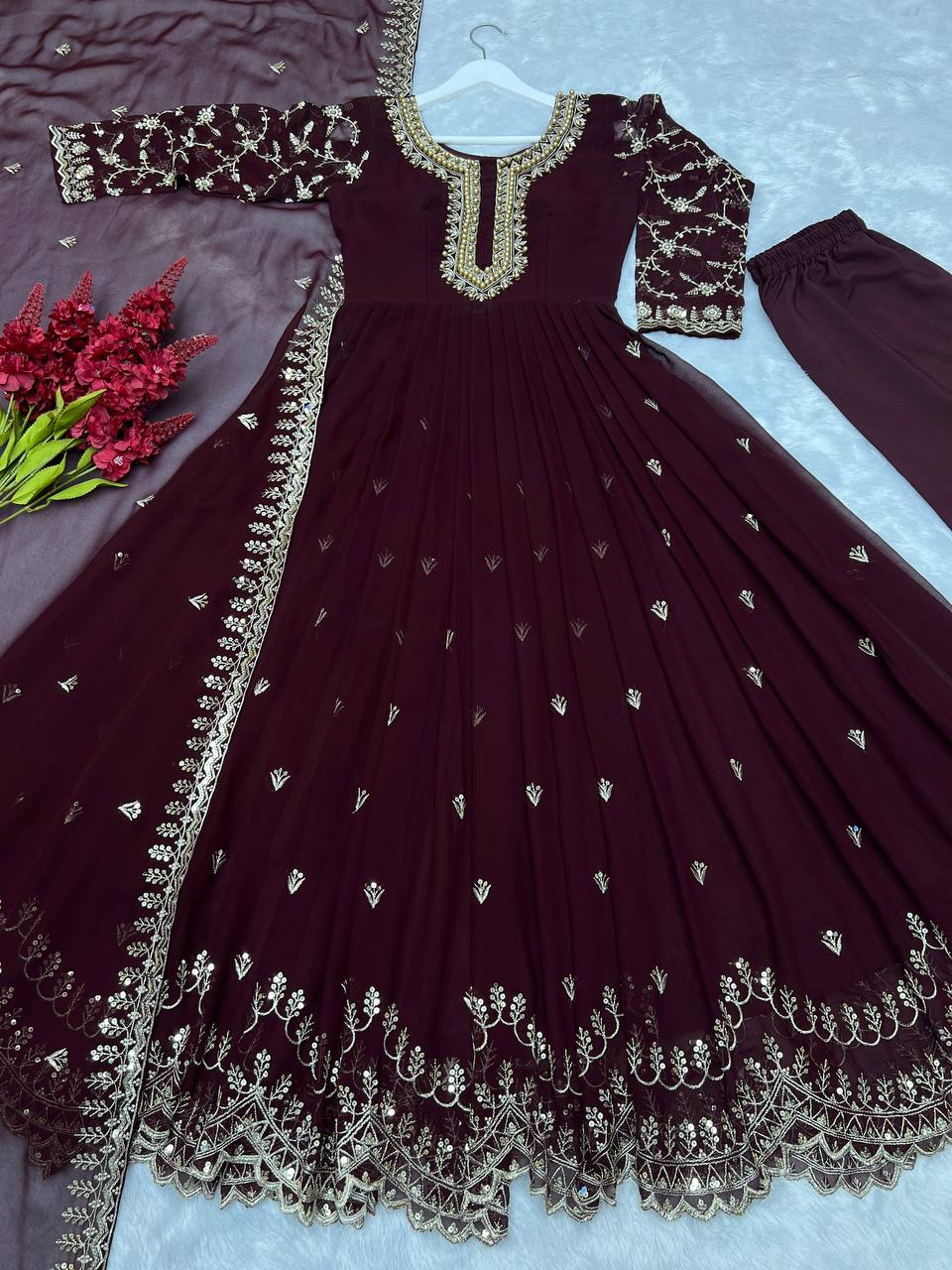 Party Wear Beautiful Anarkali Gown, Pent And Dupatta