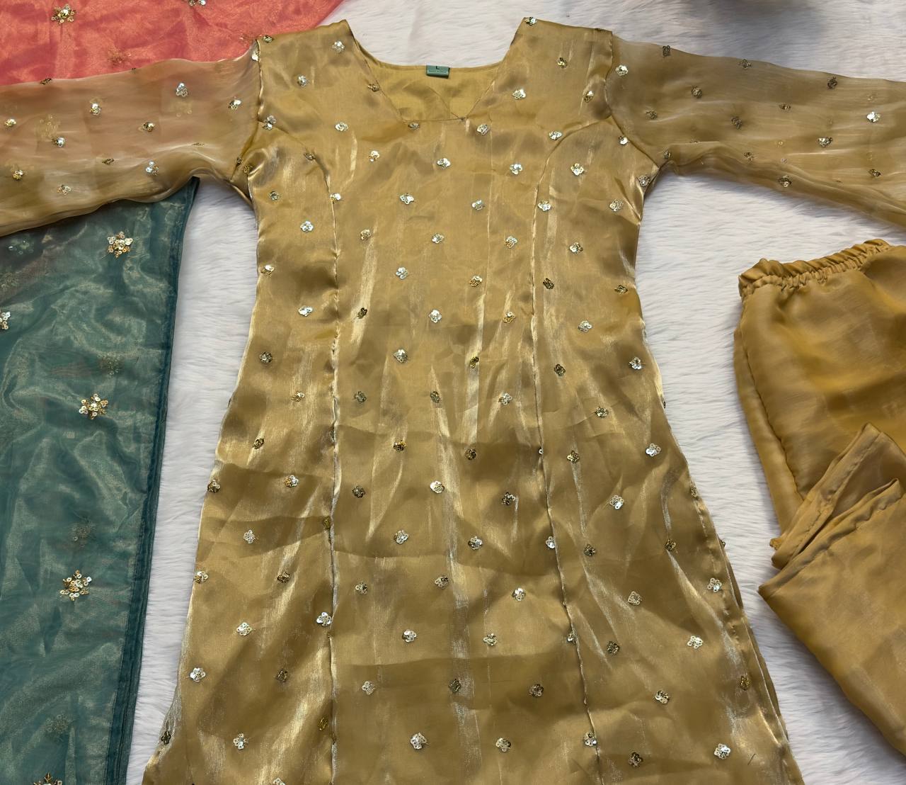 Designer Salwar Suit Set With Double Dupatta Red & Green