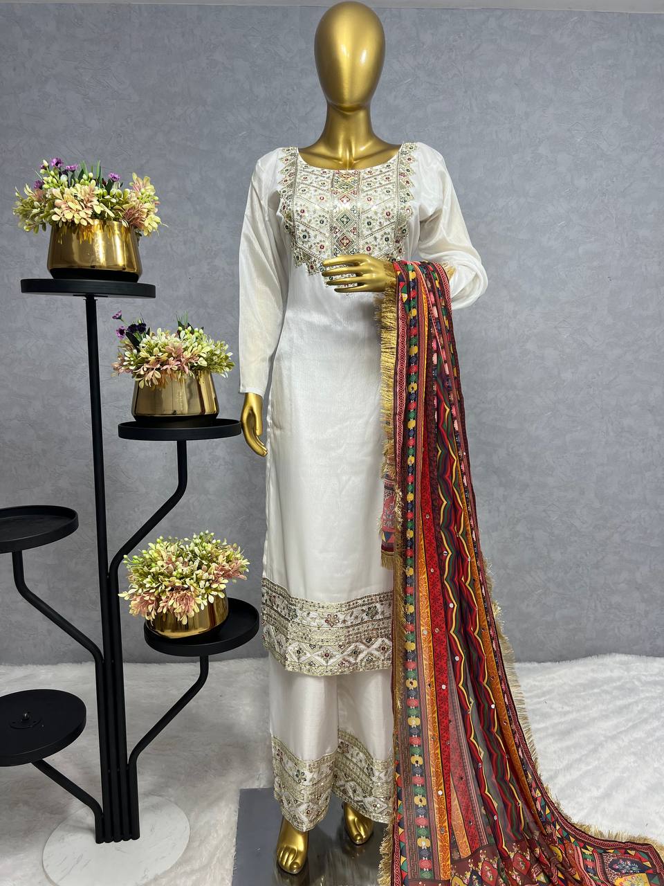 Beautiful Suit Set With Fancy Embroidery And Sequins Work