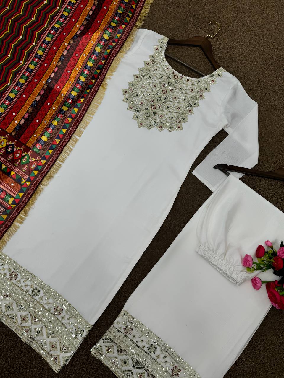 Beautiful Suit Set With Fancy Embroidery And Sequins Work