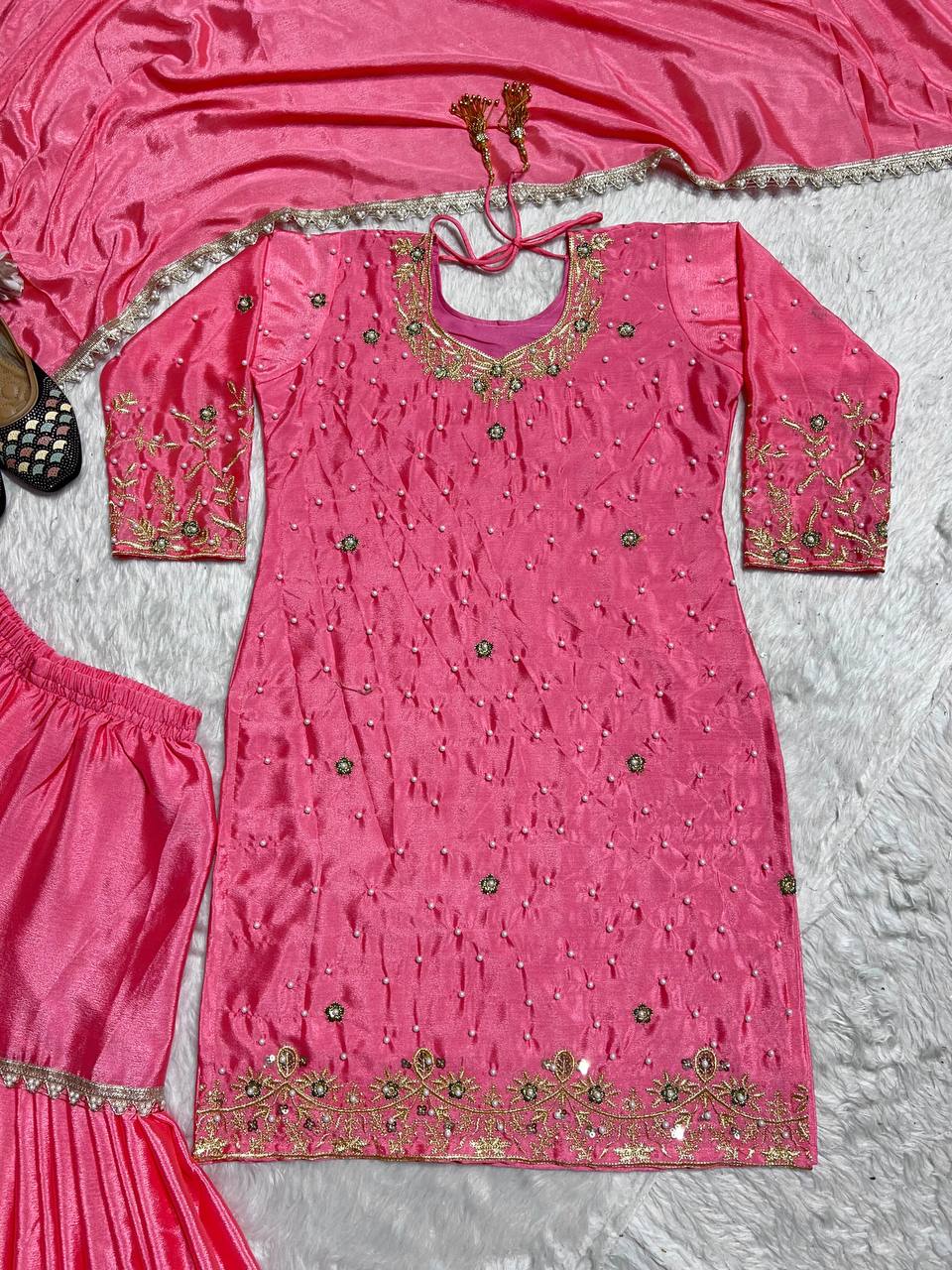 Beautiful Party Wear Top Bottom Abd Dupatta With Moti Handwork