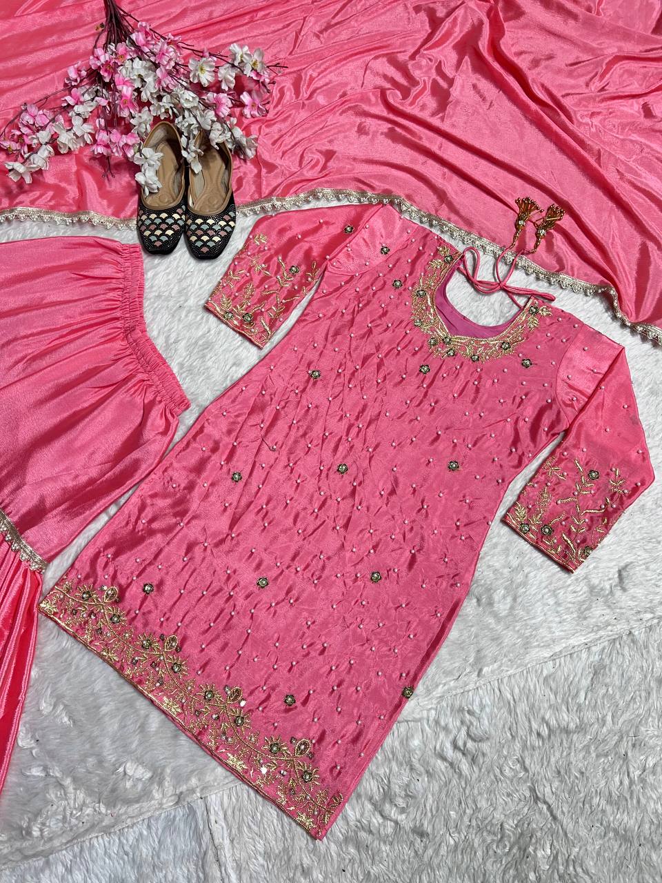 Beautiful Party Wear Top Bottom Abd Dupatta With Moti Handwork