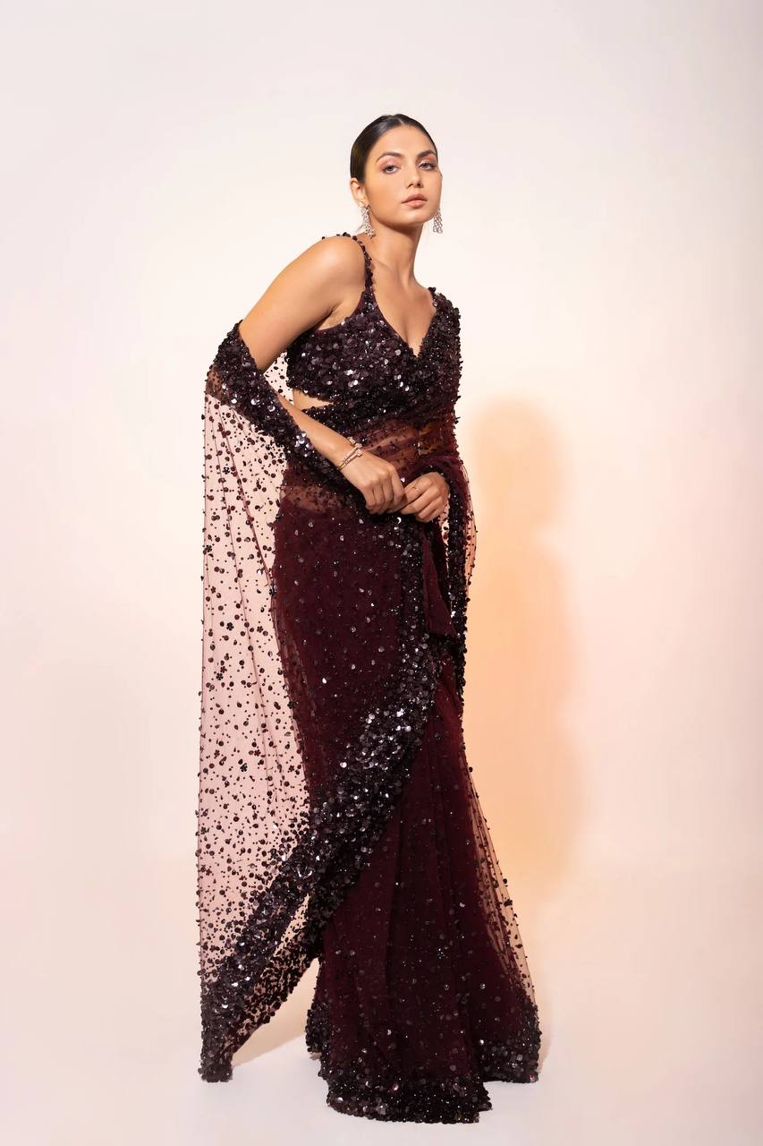 Party Wear Designer Saree With Sequence  & Thread Work