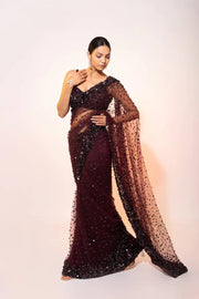 Party Wear Designer Saree With Sequence  & Thread Work